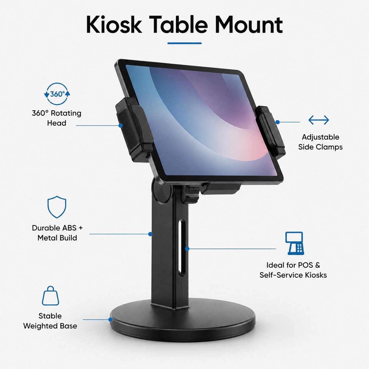 QivoPos countertop kiosk tablet mount with feature callouts