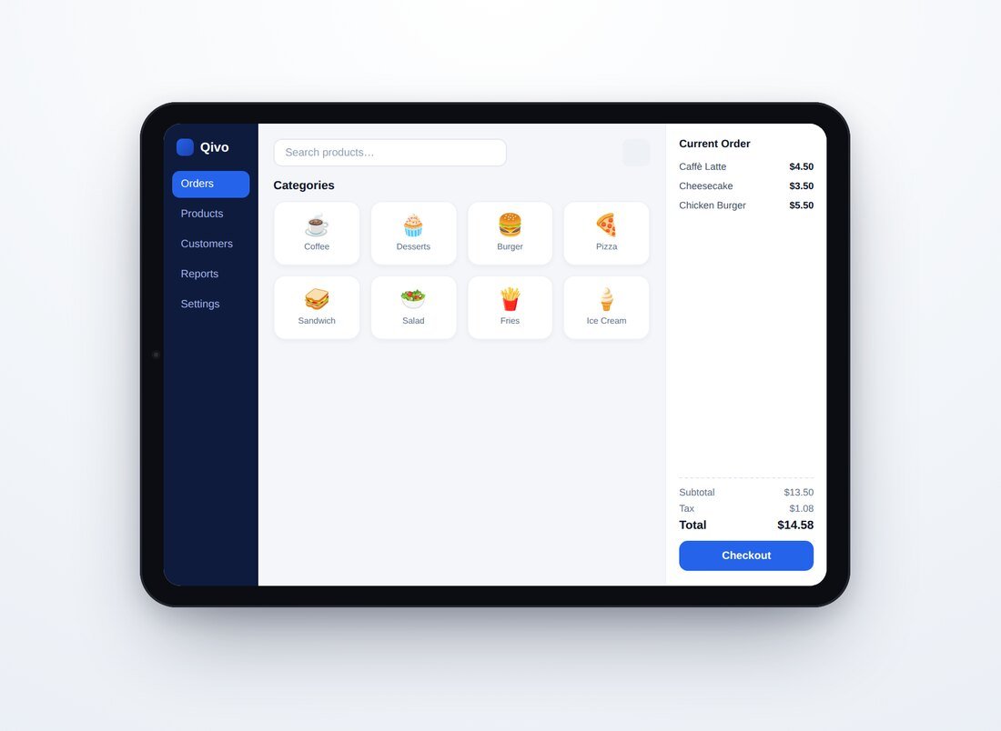 QivoPos Kioska 10-inch Android tablet running the QivoPos POS interface