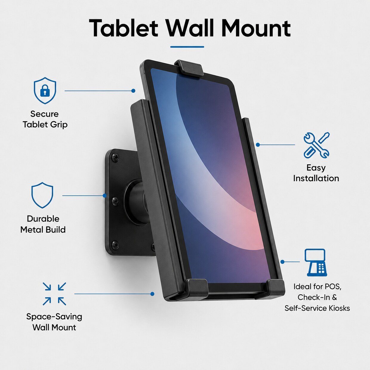 QivoPos Tablet Wall Mount holding a tablet, with feature callouts
